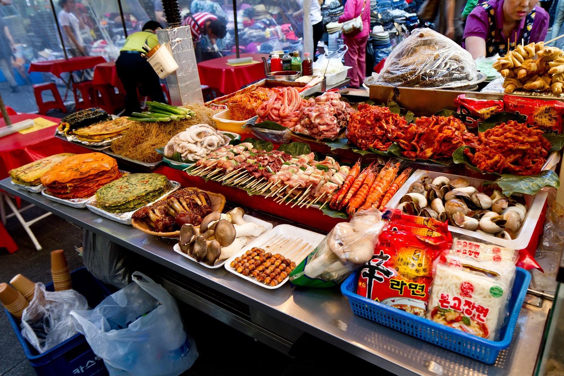 Colorful Korean street food display at Namdaemun Market, Seoul